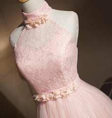 Lovely Pink Halter Tulle Flowers Short Prom Dress Homecoming Dress, Pink Graduation Dresses Party Dresses