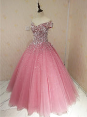 Lovely Pink Tulle Off Shoulder Sweet 16 Party Dress, Long Formal Gown