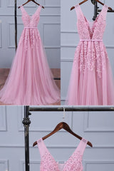 Lovely Pink V-neckline Long Party Dress ,Tulle Bridesmaid Dress