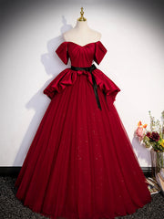 Burgundy Sweetheart Neck Formal Dress, A-Line Tulle Floor Length Prom Dress