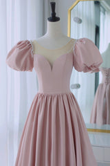 Pink Satin Long A-Line Prom Dress, Cute Short Sleeve Evening Dress