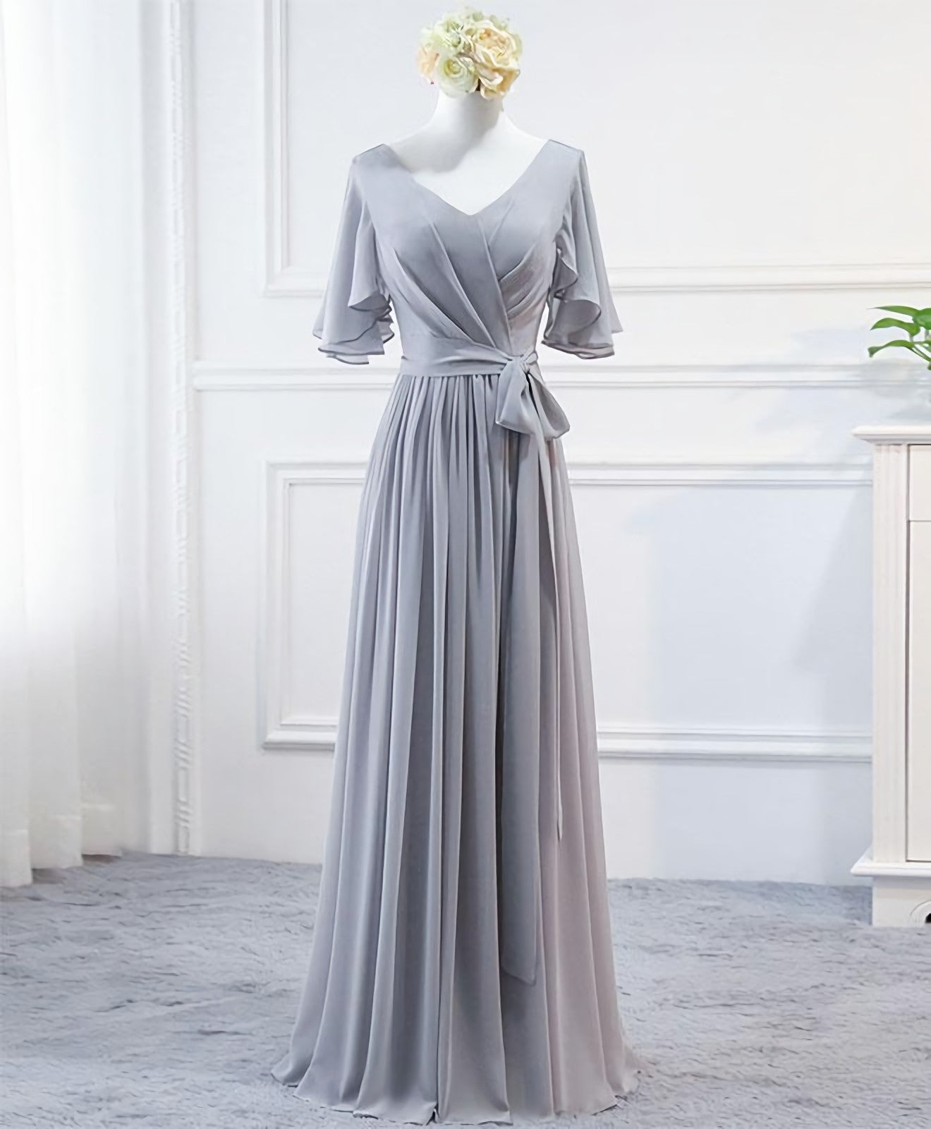 Simple V Neck Chiffon Long Prom Dress, Bridesmaid Dress