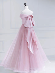 Pink Satin Tulle Long Prom Dress, Pink Off Shoulder Evening Dress