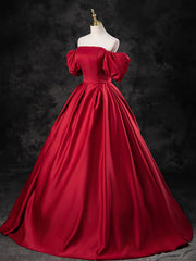 Burgundy Satin Off the Shoulder Formal Dress, A-Line Burgundy Evening Dress