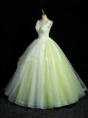 Green V-Neck Tulle Lace Long Prom Dress, A-Line Sleeveless Evening Dress