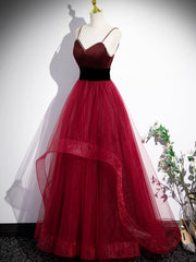 Burgundy Spaghetti Strap Tulle Long Corset Prom Dress, A-Line Evening Party Dress