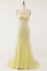 Mermaid Backless Yellow Lace Long Prom Dresses, Mermaid Yellow Formal Dresses, Yellow Lace Evening Dresses