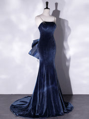 Mermaid Velvet Blue Long Prom Dresses, Blue Velvet Long Evening Dress