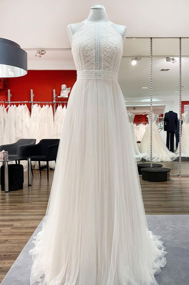 Modest Long A-line Halter Tulle Lace Backless Wedding Dresses