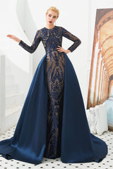 Long Sleeves Mermaid Detachable Train Prom Dresses with Train Sequined