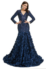 Sequins Mermaid Long V Neck Prom Dresses Full Sleeve