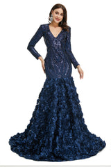 Sequins Mermaid Long V Neck Prom Dresses Full Sleeve