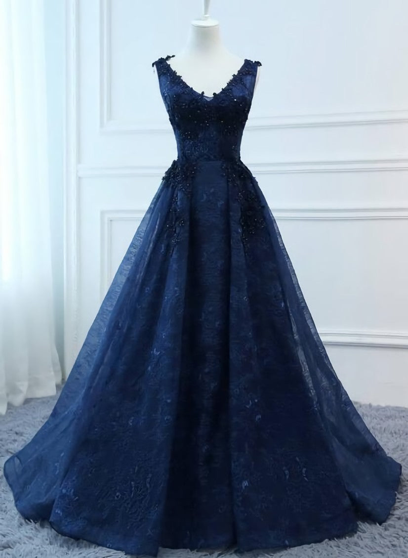 Navy Blue V-neckline Lace Long Party Dress with Flowers, Blue V-neckline Prom Dress