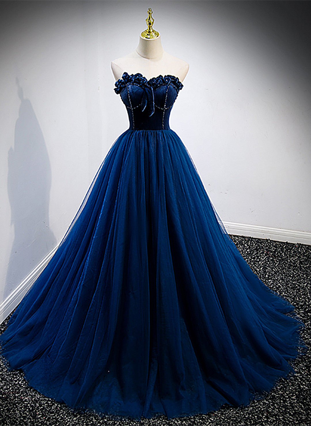 Navy Blue Velvet Top and Tulle Long Formal Dress, Blue Sweetheart Prom Dress