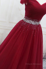 Off Shoulder Burgundy Tulle Long Prom Dresses with Sequins, Burgundy Tulle Formal Evening Dresses