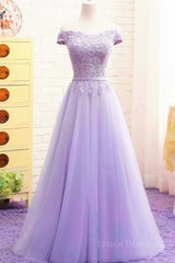 Off Shoulder Light Purple Lace Long Prom Dress, Off the Shoulder Lilac Lace Formal Dress, Purple Evening Dress