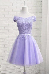 Off Shoulder Purple Lace Short Prom Dress, Lilac Lace Homecoming Dress, Short Purple Formal Evening Dress