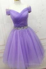 Off Shoulder Sequins Lilac Short Prom Dress Homecoming Dress, Off Shoulder Lilac Lavender Formal Graduation Evening Dress