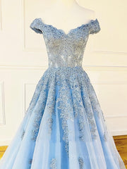 Off the Shoulder Light Blue Lace Prom Dresses, Off the Shoulder Blue Lace Formal Evening Dresses