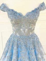 Off the Shoulder Light Blue Lace Prom Dresses, Off the Shoulder Blue Lace Formal Evening Dresses