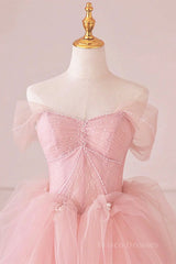 Off the Shoulder Pink Tulle Prom Dresses, Pink Tulle Long Formal Graduation Dresses