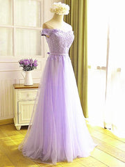 Off the Shoulder Purple Lace Prom Dresses, Purple Off Shoulder Lace Formal Bridesmaid Dresses