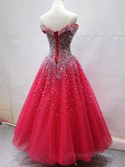 Off the Shoulder Red Long Prom Gown, Off the Shoulder Red Beaded Formal Evening Dresses