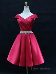 Off the Shoulder Short Burgundy Prom Dresses, Short Wine Red Formal Graduation Homecoming Dresses