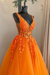 Orange V-Neck Tulle Lace Long Prom Dress, A-Line Backless Evening Dress