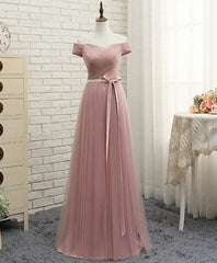 Pink A LineTulle Off Shoulder Long Prom Dress, Evening Dress