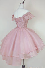 Pink Lace Homecoming Gown with Beading,Princess Off the Shoulder Hoco Dress