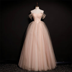 Pink Off Shoulder Beaded Tulle Long Party Dresses, Pink A-line Formal Dresses Prom Dress