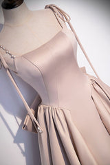 Pink Satin Long A-Line Prom Dress, Cute Spaghetti Strap Evening Dress with Bow