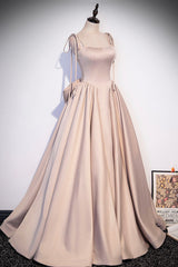 Pink Satin Long A-Line Prom Dress, Cute Spaghetti Strap Evening Dress with Bow