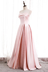 Pink Satin Long Prom Dress with Pearls, Pink Strapless Evening Dress