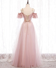 Pink Straps Lace Top Tulle Off Shoulder Party Dresses, Pink A-line Formal Dresses