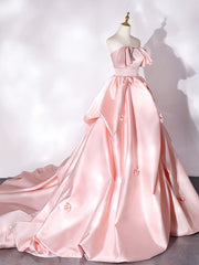 Pink Sweep Train Satin Long Prom Dress, Pink Formal Evening Dresses