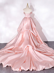 Pink Sweep Train Satin Long Prom Dress, Pink Formal Evening Dresses