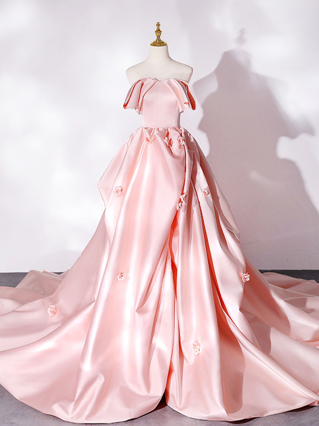 Pink Sweep Train Satin Long Prom Dress, Pink Formal Evening Dresses