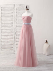 Pink Sweetheart Neck Tulle Long Prom Dress, Aline Pink Bridesmaid Dress