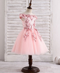 Pink Tulle Lace Applique Short Flower Girl Dresses