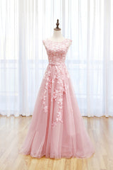 Pink Tulle Lace Long Prom Dress, Lovely A-Line Open Back Evening Dress