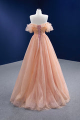 Pink Tulle Lace Strapless Prom Dress,  Pink A-Line Evening Party Dress