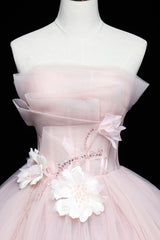 Pink Tulle Long A-Line Ball Gown, Pink Strapless Princess Sweet 16 Dress