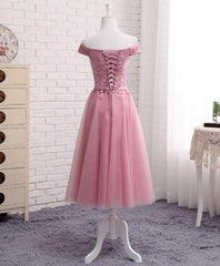 Pink Tulle Long Party Dress , Cute Off Shoulder Bridesmaid Dresses