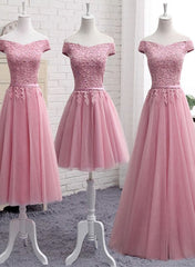 Pink Tulle Long Party Dress , Cute Off Shoulder Bridesmaid Dresses