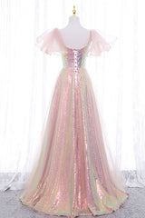 Pink Tulle Sequins Long Prom Dress, Cute Short Sleeve Evening Dress