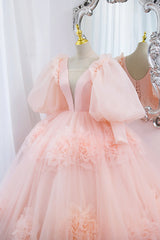 Pink V-Neck Tulle Long Prom Dress, A-Line Puff Sleeve Princess Dress