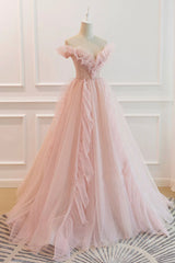 Pink V-Neck Tulle Long Prom Dress, Off the Shoulder Evening Graduation Dress