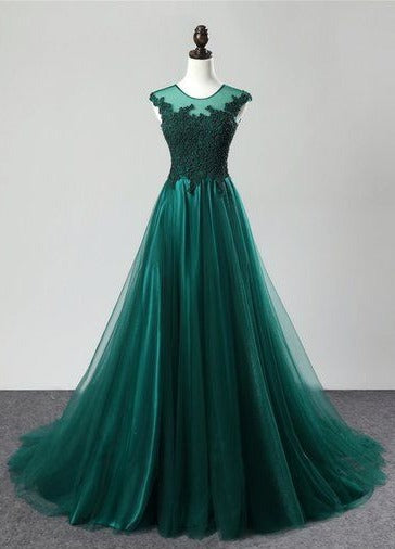 Deep Green Tulle Beaded Sweep Train Formal Prom Dress, Evening Dress